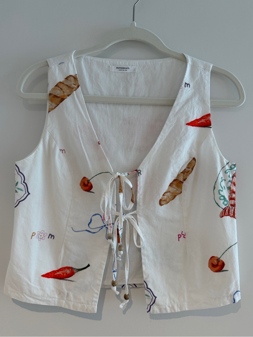 Peppermayo White Linen Tie-Front Printed Top